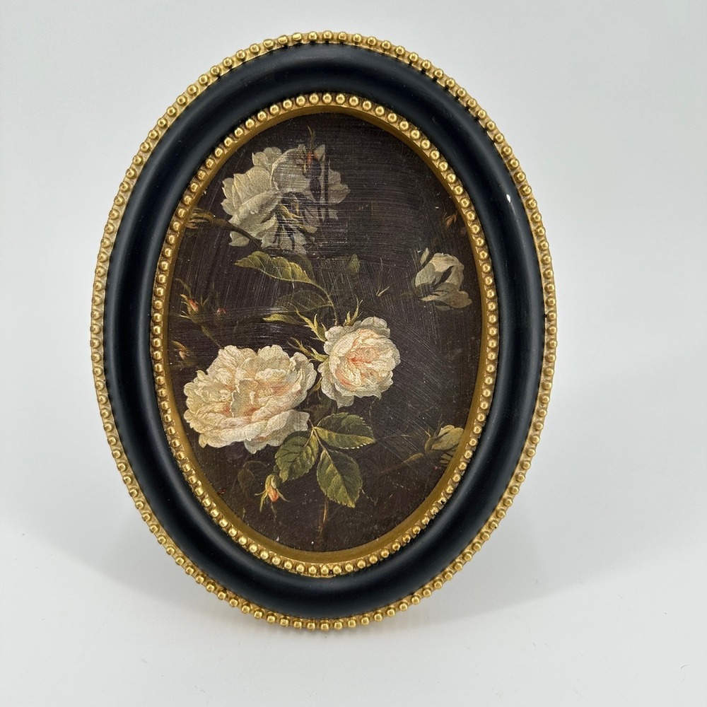 Crystal Art Gallery Oval Framed Floral Art White Roses Black Gold Tone Frame